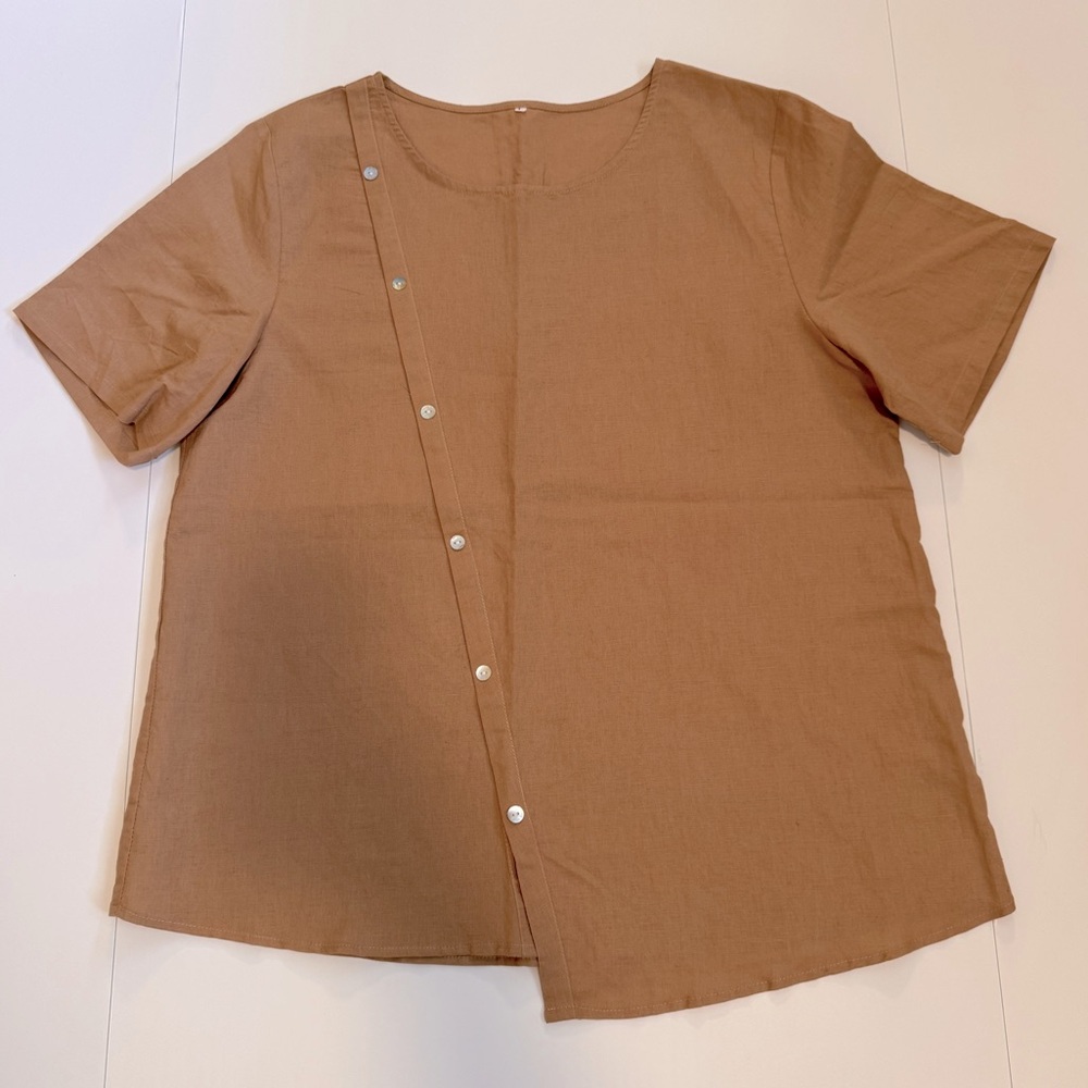 Minibee Linen Blouse Short Sleeve Women’s L Tan Tunic Shirt Top Asymmetric